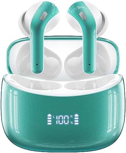 Ear Buds Wireless Earbuds 60H Playtime Bluetooth Headphones with LED Power Display Charging Case Earphones Stereo Sound Earbud with Mics for Android Cell Phone Gaming Computer Laptop Sport Royal Green