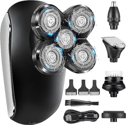 Electric Head Hair Shaver for Bald Men, 5-in-1 Mens Wet & Dry Electric Razor Grooming Kit with Nose Hair Trimmer, Beard Trimmer, IPX7 Waterproof and Rechargeable Electric Shavers for Men