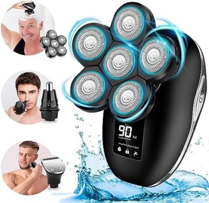 Electric Head Shaver for Bald Men, 6 in 1 Mens Electric Head Razor Bald Head Shaver Cordless Electric Razor Men, IPX7 Wet/Dry Waterproof Skull Shaver with Head Shaver Kit LED Display