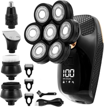 Electric Head Shavers for Bald Men,7 Floating Heads,Multi-Function Razor 5 in 1 Grooming Kit，Male Baldness Razor, Power Display, USB Rechargeable, 90 Minutes Operation Time
