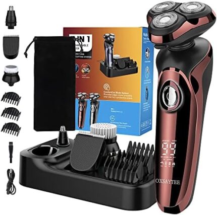 Electric Razor for Men, 4-in-1 Electric Shavers Cordless Face Shaver Rechargeable Men’s Razor Waterproof Rotary Shaver with Charge Station Nose Sideburns Trimmer Cleaning Brush Gift for Father Him