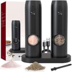 Electric Salt and Pepper Grinder Set of 2,automatic pepper mill,USB rechargeable,Adjustable Coarseness,One-handed operation,ceramic burr,refillable,Auto grinders with charging base LED light