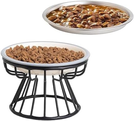 Elevated Cat Bowls,6.5" Extra Wide Raised Ceramic Cat Food Bowls with Anti-Slip Metal Stand Whisker Friendly Stainless Steel Pet Food Dishes for Indoor Cats and Small Dogs