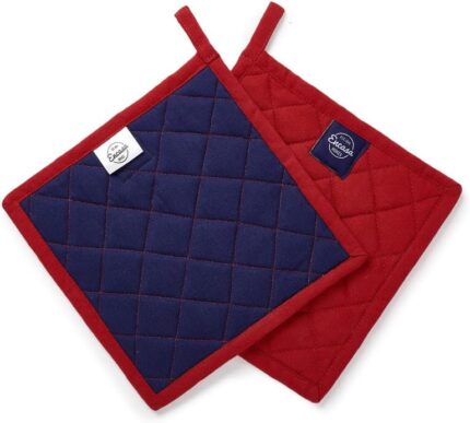 Encasa Heat Resistant Cotton Pot Holders with Hanging Loop - Set of 2 - Red - Multipurpose Quilted Everyday Hot Pad for Kitchen, Camping, BBQ & Microwave - 8 in