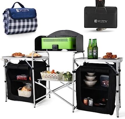 Evcitn Camping Kitchen Table, Aluminum Portable Folding Camp Cook Table with Windshield, Storage Organizer, Quick Installation for Outdoor Picnic Beach Party Cooking, Black