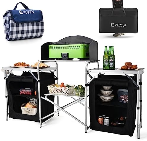 Evcitn Camping Kitchen Table, Aluminum Portable Folding Camp Cook Table with Windshield, Storage Organizer, Quick Installation for Outdoor Picnic Beach Party Cooking, Black