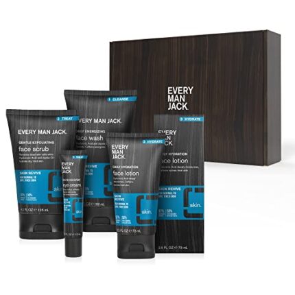 Every Man Jack Skin Revive Set- Four Full-Size, Fragrance Free Skin Care Essentials to Cleanse, Treat, and Hydrate Dry, Tired Skin - Daily Energizing Wash, Gentle Exfoliating Scrub, Rapid Recovery Eye Cream, Hydration Face Lotion