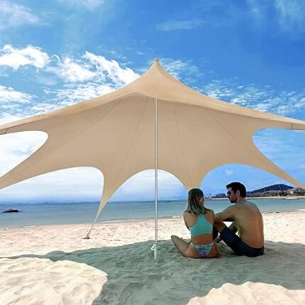 FAYLOCH Beach Tent Canopy Sun Shade UPF50+, Easy Pop Up Anti-Wind Sun Shelter w/Stable Pole Anchor, Carry Bag, Ground Pegs, Sand Shovel, Portable Star Shade Tent for Outdoor Camping, Fishing, Picnics