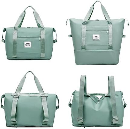 FIORETTO Womens Expandable Travel Duffel Bag with Double Shoulder Strap, Sports Tote Gym Bag with Wet Pocket,Weekend Overnight Bags Water-resistant Carry On Bag Hospital Holdalls Green