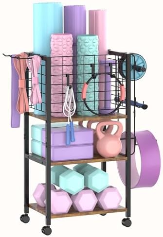 FLMOUTN Yoga Mat Storage Rack, Home Gym Fitness Equipment Storage Organizer for Dumbbell Yoga Block Kettlebells Foam Roller, Versatile Yoga Mat Holder Weight Rack Stand with Hooks and Wheels(Black)