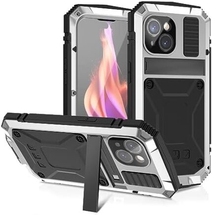 FONREST for iPhone-15 Rugged Case w/ [Kickstand] [Heavy Duty] [Full-Body Protection] Metal Shockproof Armor Aluminum+TPU Tough Military Protective Cover w/ [Tempered Glass Screen Protector] (Silver)