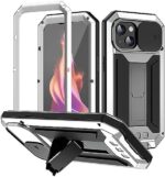 FONREST for iPhone-15 Rugged Full-Body Case w/ [Kickstand] [Sliding Camera Lens Cover] Metal Aluminum Armor Heavy Duty Shockproof Robust Tough Cover w/ [Tempered Glass Screen Protector] (Silver)