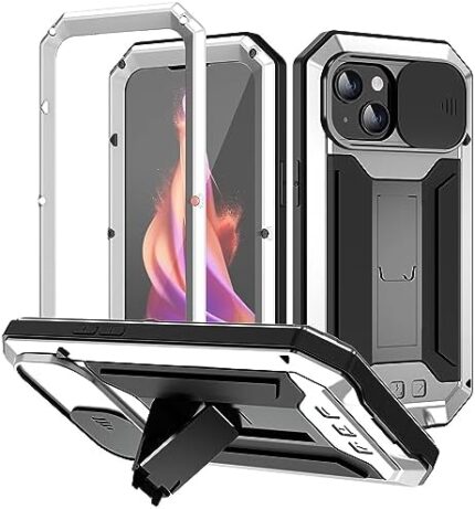 FONREST for iPhone-15 Rugged Full-Body Case w/ [Kickstand] [Sliding Camera Lens Cover] Metal Aluminum Armor Heavy Duty Shockproof Robust Tough Cover w/ [Tempered Glass Screen Protector] (Silver)