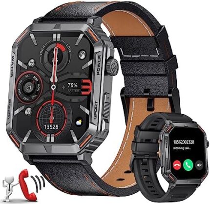 FOXBOX Smart Watch with Leather Band for Men, 1.96" Smartwatch with 24/7 Heart Rate, Blood Pressure, Sleep Monitor for iOS Android, 100+ Sports Modes, Bluetooth Call, IP68, 300 Watch Faces