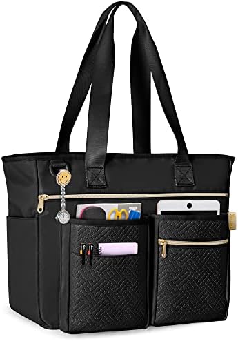 Fasrom Teacher Tote Bag for Work Women, Large Teacher Utility Bag with Padded Sleeve for up to 15.6 Inches Laptop and Teacher Supplies, Black