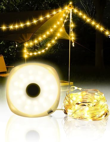 Favourlite Camping Lantern with String, 5 Lighting Modes 33ft Outdoor String Lights 2 in 1 USB Rechargeable Camping String Light Waterproof Portable LED Tent Light for Yard Garden Outdoor Hiking