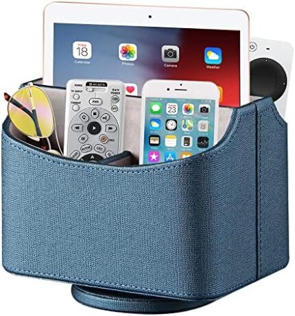 Fchaibin Remote Control Holder, Swivel TV Remote Caddy for Table, Desk Accessories Workspace Organizers, PU Leather Nightstand Decorations for Living Room Bedroom