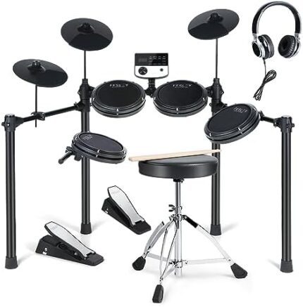 Fesley Electric Drum Set, Electronic Drum Set for Beginner Kids with 4 Mesh Drum Pads, 2 Switch Pedal, Light and Solid Electric Drums with 165 Sounds, USB MIDI, Throne, Headphones, Sticks, Black