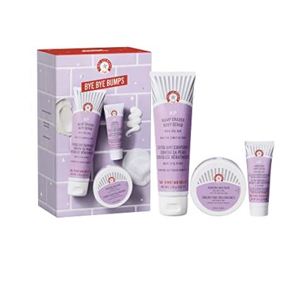 First Aid Beauty Bye Bye Bumps Kit – 3 Exfoliating Favorites – KP Bump Eraser Body Scrub with 10% AHA, 4 oz, KP Smoothing Body Lotion, 1 oz, Ingrown Hair Pads, 28 Count