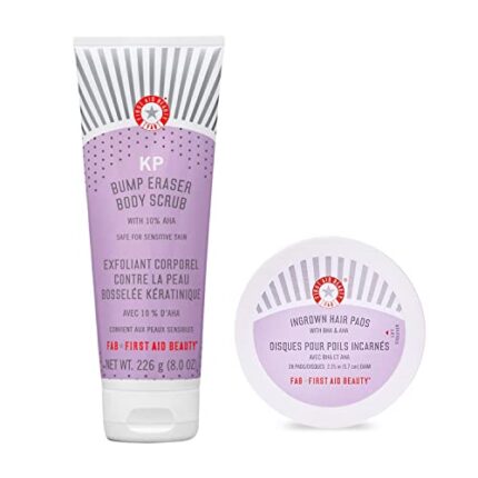 First Aid Beauty Exfoliating Bundle – KP Bump Eraser Body Scrub with 10% AHA, 8 oz, & Ingrown Hair Pads, 28 Count