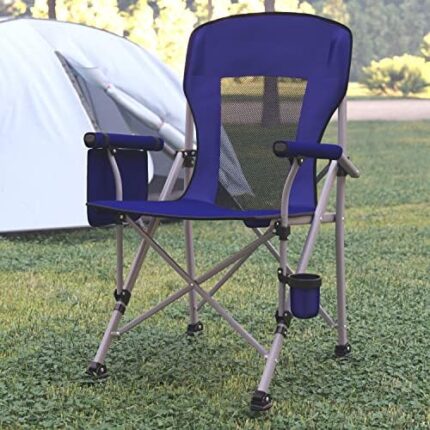 Flash Furniture Heavy Duty Portable Folding Camping Chair - Blue Seat and Back with Padded Arms - Gray Steel Frame - Cup Holder, Storage Pouch - Extra Wide Carry Bag