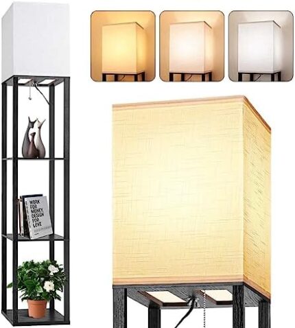 Floor Lamp with Shelves for Living Room, Shelf Floor Lamp with 3 CCT LED Bulb, Corner Display Standing Column Lamp Etagere Organizer Tower Nightstand with White Linen Shade for Bedroom, Office