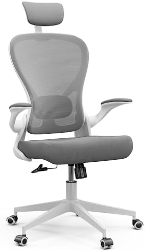 Frylr Ergonomic Home Office Desk Chair with Flip-up Arms and Headrest - Perfect for Big and Tall Users/Adjustable Lumbar Support/450 lbs Heavy Duty Office Chair（Grey）