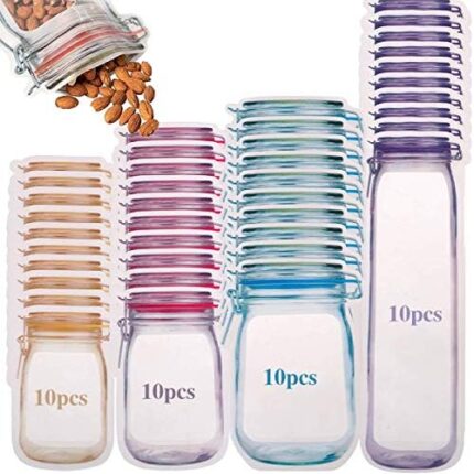 Fubenus 40 Pcs Reusable Mason Jar Ziplock Bags, Food Storage Fresh and Leak Proof Bags for Kitchen Camping Picnic Organizer