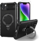 Fudley iPhone 15 Plus Magnetic Case [Compatible with MagSafe] with 2 Tempered Glass Screen Protectors with Ring Kickstand,Military Grade Heavy Duty for iPhone 14 Plus Case 6.7'' Black