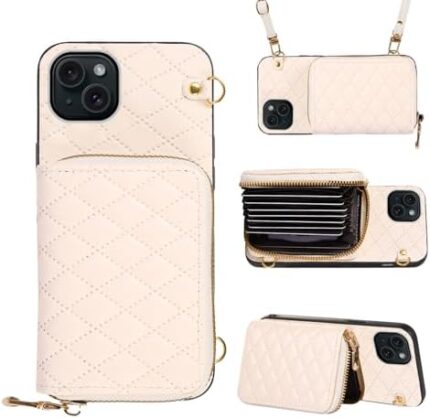 Furiet Compatible with iPhone 15 Plus 6.7 inch Zipper Wallet Case with Shoulder Strap, 8 Card Slots and Leather Stand Cell Phone Cover for i-Phone 15+ iPhone15Plus 5G i i15 + iPhone15 15Plus Beige