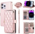 Furiet Compatible with iPhone 15 Pro 6.1 inch Wallet Case with Wrist Strap, Shoulder Strap, 9+ Card Slots Leather Stand Cell Phone Cover for iPhone15Pro 5G i i-Phone i15 iPhone15 15Pro Rose Gold