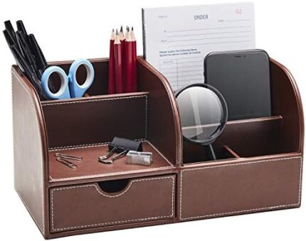 GALLAWAY LEATHER Desk Organizer Caddy- Mens Desk Organizer,Office Stationery Storage Box Organizer, Holds Business Card, Pen, Pencil, Mobile Phone Desk Supplies,Office Desk Accessories (Brown, Large)