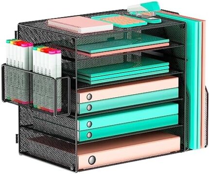 GDINDINFAN 5 Tier Mesh Desk Organizer, Paper Letter Tray with Pen Holder and 1 Extra Vertical File Sorter for Office Supplies, Black