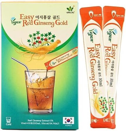 GINLAC Easy Red Ginseng Sticks Vegan 10 sticks (0.3oz X 10 Sachets) Vegan No sugar Glueten free Pure Quality Ginseng Extract for Healthy Drinks Mix with Cold Water and any other soft drinks