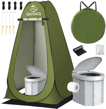 GKOKG Portable Toilet with Pop Up Privacy Tent for Adults, Mat for Camping Portable Toilet Tent, Outdoor Folding Toilet Tent Kit with Rack, Portable Potty Privacy Toilet Tent for Camping Travel
