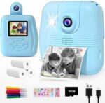 GKTZ Kids Camera Instant Print - 1080P HD 0 Ink Instant Print Photo - Christmas Birthday Gifts for Age 3-8 Girls Boys - Portable Toy with 3 Rolls Photo Paper, 5 Color Pens, 32GB Card - Blue