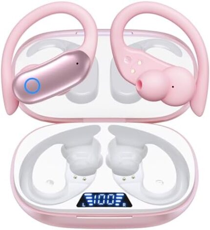 GNMN Bluetooth Headphones Wireless Earbuds 80hrs Playback IPX7 Waterproof Earphones Over-Ear Stereo Bass Headset with Earhooks Microphone LED Battery Display for Sports/Workout/Gym Rose Gold