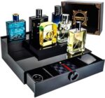 GOH&FTY Cologne Organizer for Men,3 Step Arylic Waterproof Black Cologne Stand with Drawer and Secret Compartment,Perfume Cologne Holder Tray Display Shelf as a Gift for Men in Dresser,Bedroom
