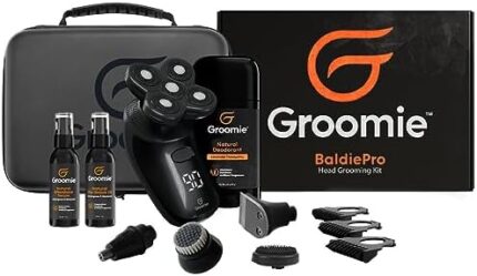 GROOMIE Crispy AF Full Grooming Kit for Bald Men - Includes BaldiePro Electric Razor, Pre-Shave Oil, Aftershave Serum, Deodorant, Case, Charging Cable and Shaving Accessories - 5 Blades