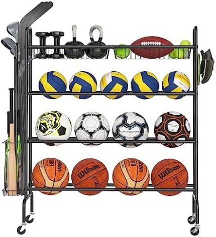 Gadroad Basketball Rack, Garage Ball Storage Stand 4 Tier Ball Rack Rolling Balls Organizer with Baseball Bat Holder & Hooks, Sport Equipment Storage Cart with Wheels for Football Volleyball Soccer