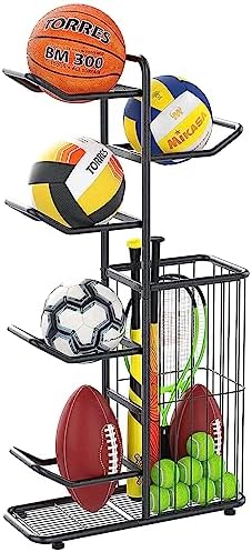 Gadroad Small 5-Ball Sports Equipment Storage Rack, Basketball Display Rack with Storage Basket, Stable Basketball Rack for Garage - Organize Balls, Toys, Sports Gear