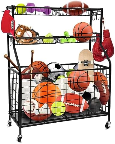Garage Sports Equipment Organizer, Ball Storage Garage, Rolling Basketball Racks for Balls with Wheels, Basket and Hooks, Toy&Sports Organizer for Garage, Ball Storage Rack for Indoor&Outdoor Black