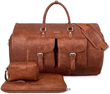 Garment Bag for Travel, Convertible Carry on Garment Duffel Bag for Men 3Pcs, Faux Leather Waterproof Large Weekender Bag for Men 2 in 1 Hanging Suitcase Suit Dress Business Travel Bag