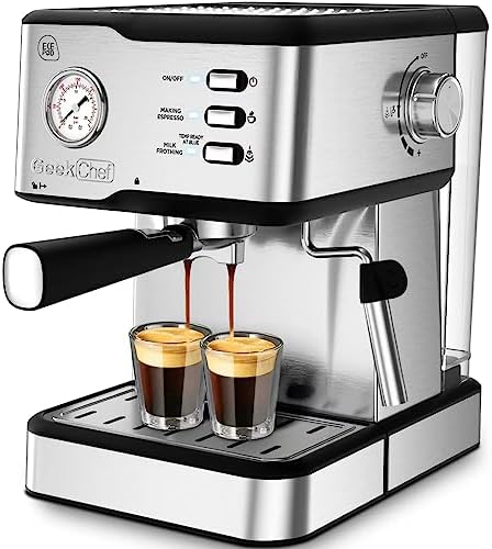 Geek Chef Espresso Machines, 20 Bar Pump Pressure Cappuccino latte Geek Chef Espresso Machines, 20 Bar Pump Pressure Cappuccino latte Maker Coffee Machine with ESE POD filter and Pressure gauge, 1.5L Water Tank 950W (Silver)