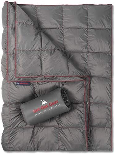 Get Out Gear Double Puffy Camping Blanket - Extra Puffy, Packable, Lightweight and Warm | Ideal for Outdoors, Travel, Stadium, Festivals, Beach, Hammock | Water-Resistant Camp Quilt (Gray/Burgundy)