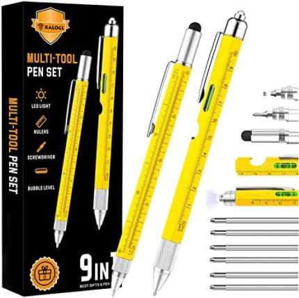 Gifts for Men Him Dad, Christmas Cool Gadgets Gifts,Multi-tool Pen 2 Pack [Stylus, Ballpoint Pen,with 6 Replacement refills, 4" Ruler, Level, Phillips Screwdriver,LED]