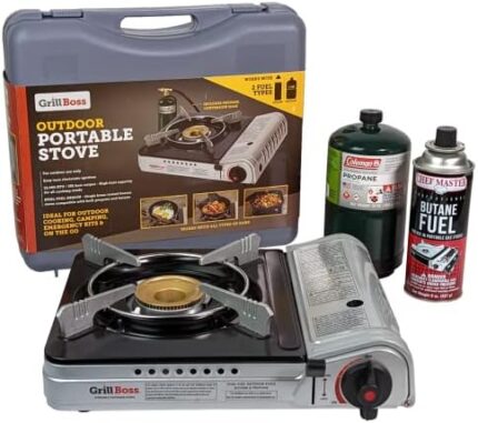 Grill Boss 90057 Dual Fuel Camp Stove | Works with both Butane and Propane | Perfect for Camping & Hiking | Emergency Cooking Stove | Single Burner 12k BTU Output
