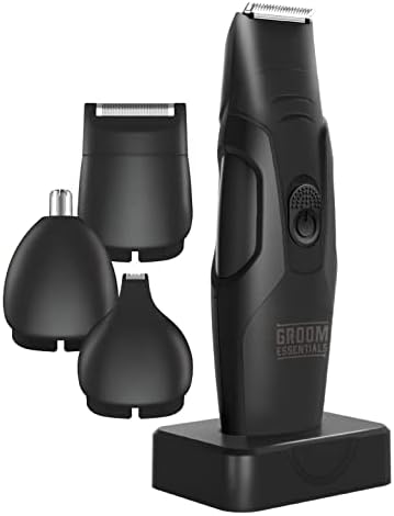 Groom Essentials Full Body All-in-1 Grooming Kit, Cordless Shaver, 11-Piece Manscaping Set with Beard Trimmer, Detailer, Foil Shaver, Ear and Nose Hair Trimmer for Men, 4 Trimming Guides, with Base