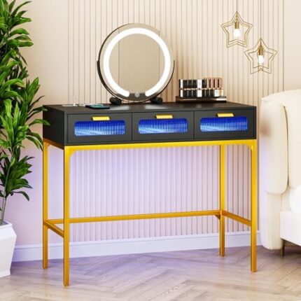 Gurexl Vanity Desk with 3 Drawers, Modern Makeup Vanity Dressing Table with 3 Color Lighting Modes, Home Office Laptop Writing Desk with Gold Metal Frame (Black)