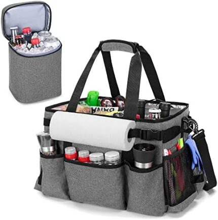 HODRANT Large Grill Utensil Caddy with Detachable Cooler, Collapsible Picnic Organizer with Paper Towel Holder for Griddle Accessories, Tailgating Accessory Basket for Outdoor Cooking Supplies, Gray